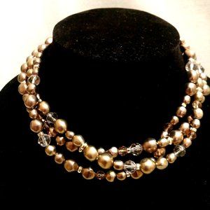 LIZ CLAIBORNE GOLD TONE/CLEAR BEADS 3 STRAND NECKLACE/ WITH TAG